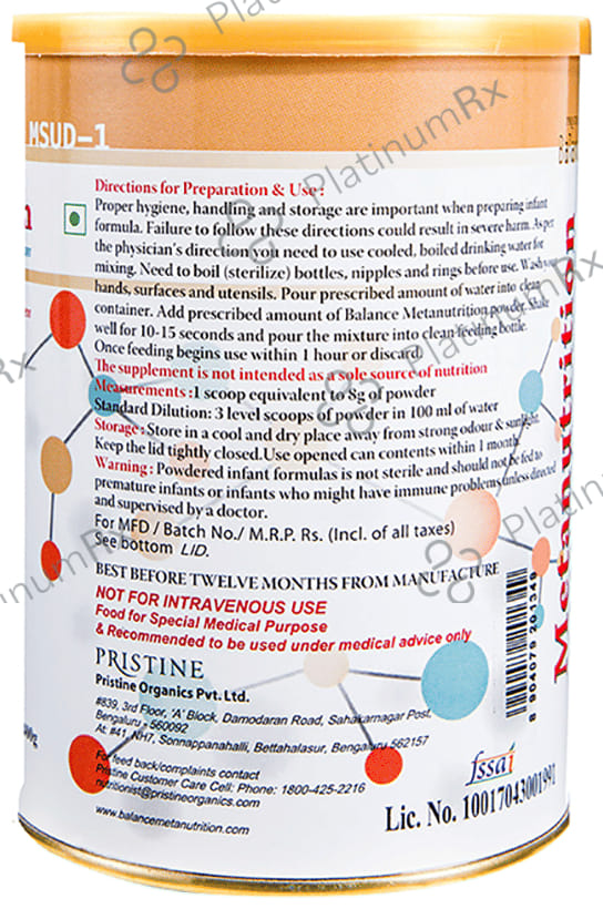 Pristine Balance Metanutrition MSUD 1 (Upto 3 Years) for Metabolism - Flavour Powder Unflavoured