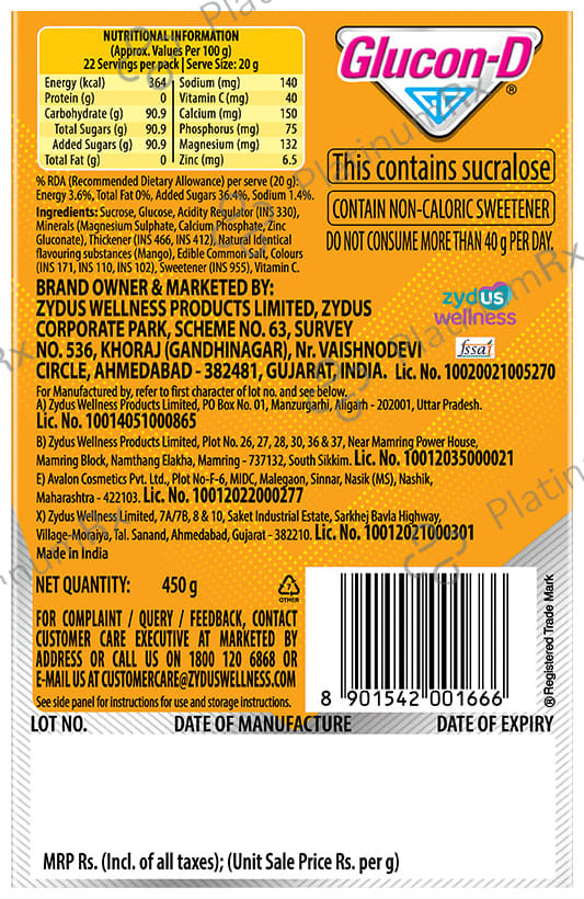 Glucon D with Glucose, Calcium, Vitamin C & Sucrose Flavour Mango Burst with Tiffin Box Free Powder 450gm