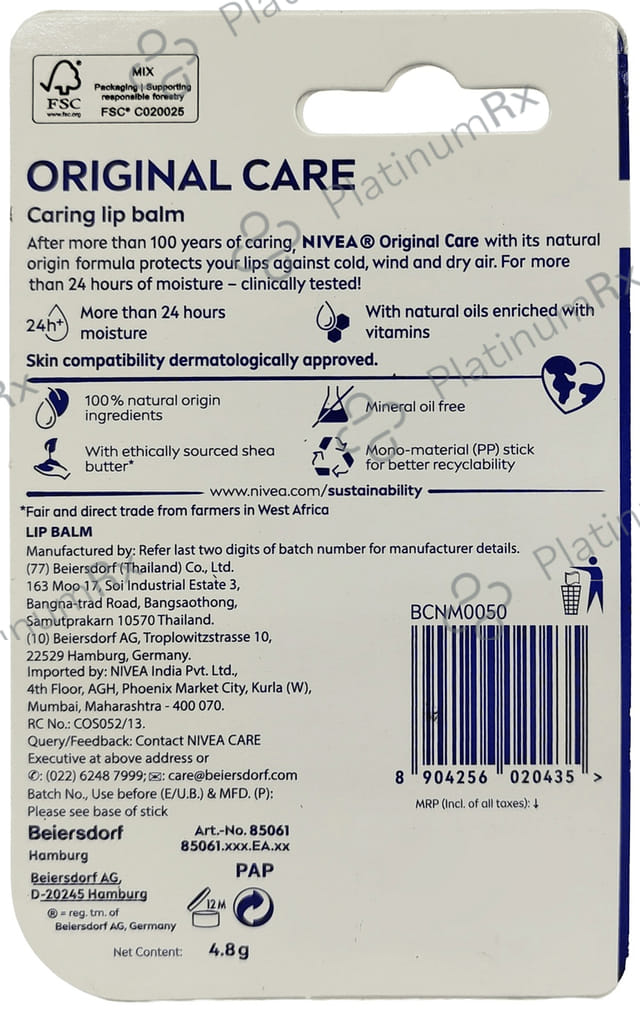 Nivea Lip Balm with Natural Oils - Original Care