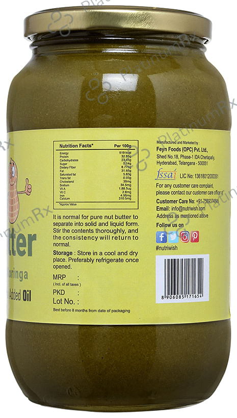 Nutriwish All Natural Peanut Butter with Whey Protein and Moringa 1 kg