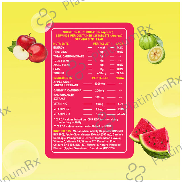 Svaa.Life Apple Cider Vinegar with Garcinia Cambogia Effervescent Tablet (21 Each) Watermelon Bottle 1s