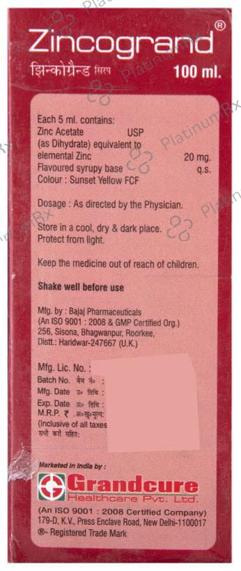 Zincogrand 20mg Syrup 100ml