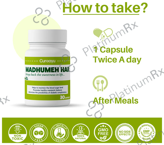 Cureayu Madhumeh Har Ayurvedic Capsule - Enriched with Karela, Guggul & Ashwagandha - Control Blood Sugar -100 % Herbal
