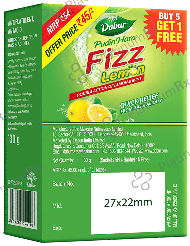 Dabur Pudin Hara Fizz Sachet - Antacid, Quick Relief from Gas & Acidity (5gm Each) Lemon