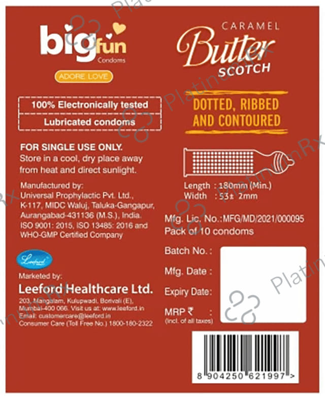 Bigfun Dotted, Ribbed & Contoured Caramel Butter Scotch Flavour Condom 10s