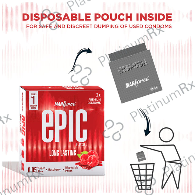 Manforce Epic Pleasure Long Lasting Premium Condom with Disposable Pouch Flavour Raspberry 3s