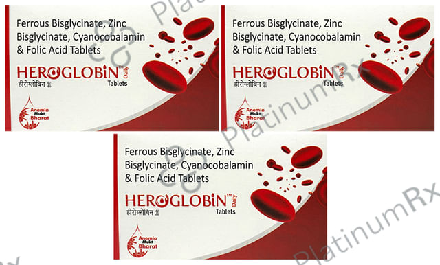 Heroglobin Daily Ferrous Bisglycinate Zinc Bisglycinate Cyanocobalamin Folic Acid Supplement Tablets (60 Each) 3 units
