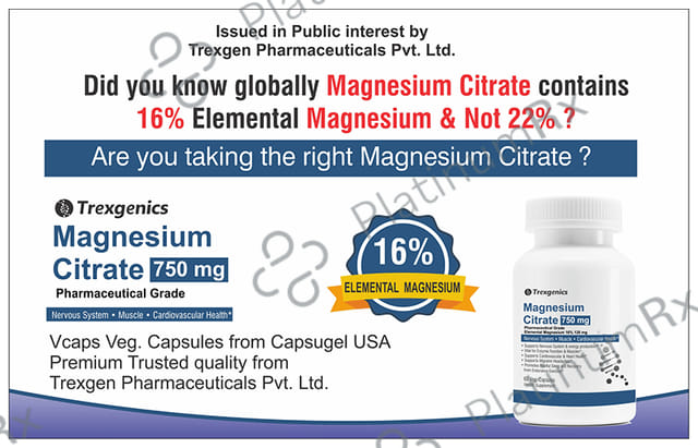 Trexgenics Magnesium Citrate 750mg Veg. Capsules