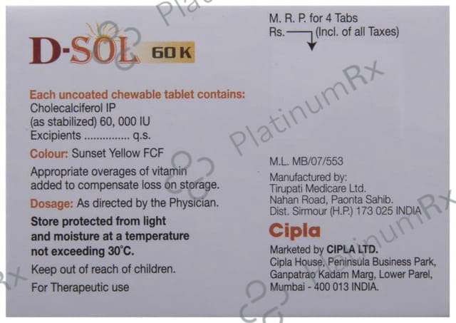 D Sol 60K Vitamin D3 Chewable Tablet Sugar Free Orange 4s