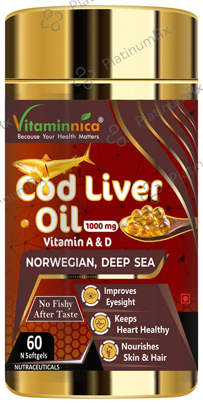 Vitaminnica Cod Liver Oil 1000mg with Vitamin A & D - Softgel for Heart, Skin, Hair & Eyes