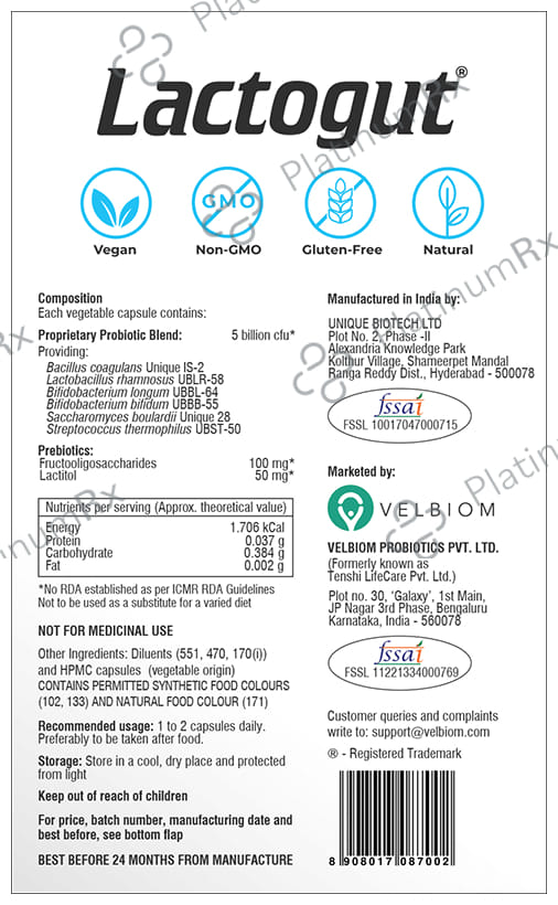 Velbiom Lactogut Pre & Probiotic for Gut Health, Digestion & Immunity - Capsule