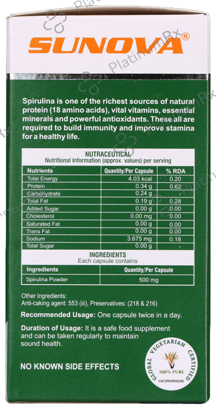 Sunova Organic Spirulina Capsule - For Energy, Stamina, Muscle Strength, Antioxidant Support & Bone Health