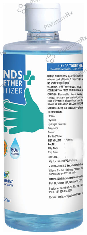 Hands Together Plus Sanitizer with 80% Alcohol, Glycerol & Hydrogen Peroxide 500 Sanitizer