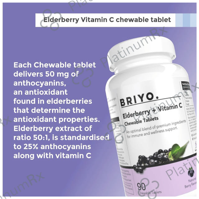 Briyo Elderberry + Vitamin C - Chewable Tablet for Daily Immune & Wellness Support - Flavour Natural Berry