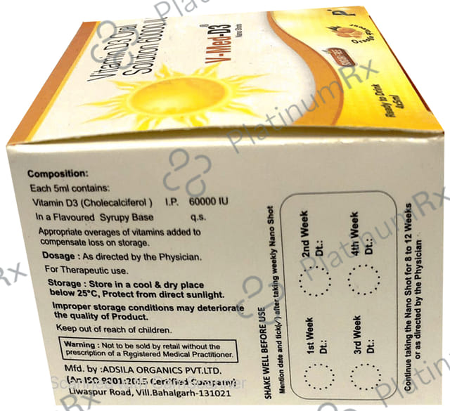 V Med D3 60000IU Nano Shots Orange Flavour Sugar Free Solution 5ml