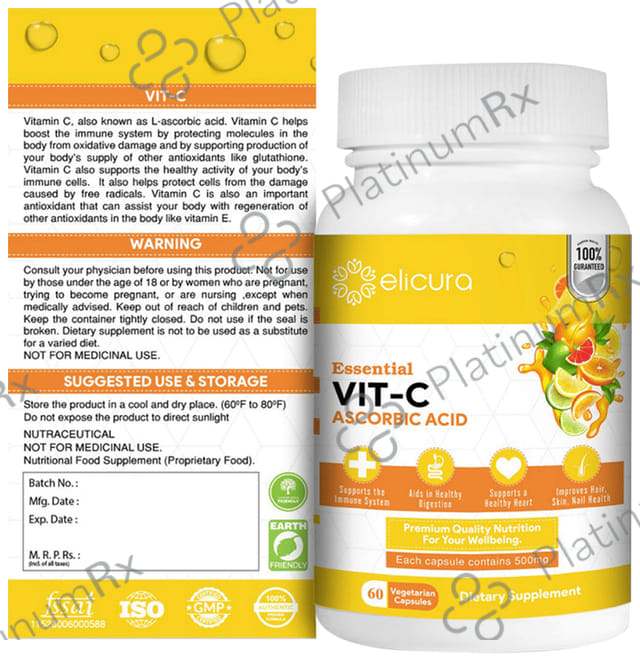Elicura Essential Vit C 500mg Ascorbic Acid Vegetarian Capsule 60s