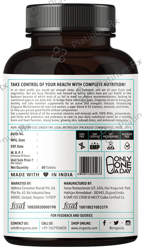 Zingavita Multi Vitamins with Probiotics & Prebiotics - For Immunity, Stamina, Bones & Gut Health -
