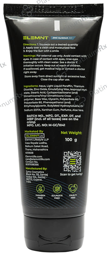 Elemnt Zinc Sunblock 360 Sunscreen SPF 50+ Cream 50gm