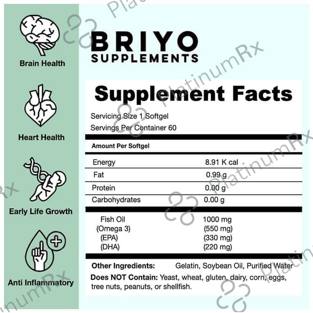 Briyo Fish Oil 1000mg, 330mg EPA 22mg DHA Softgel for Heart and Brain Health