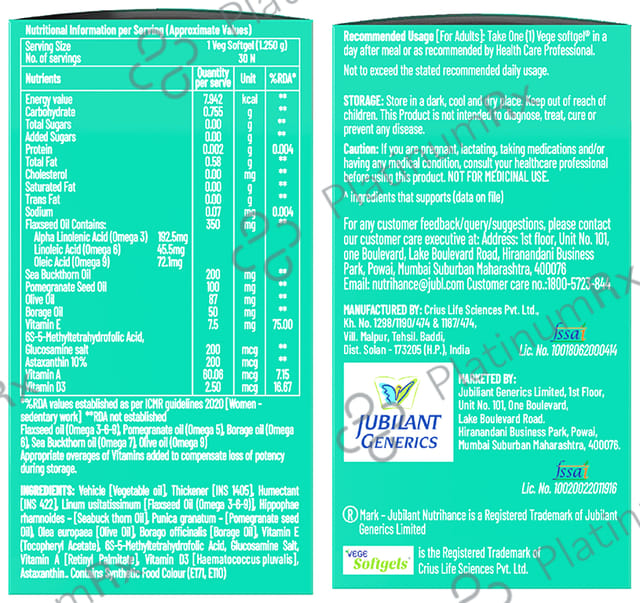 Jubilant Nutrihance Multi Omega 3-5-6-7-9 - Vegetarian Softgel for Heart, Renal & Nerve Health 30 Soft Gelatin Capsule