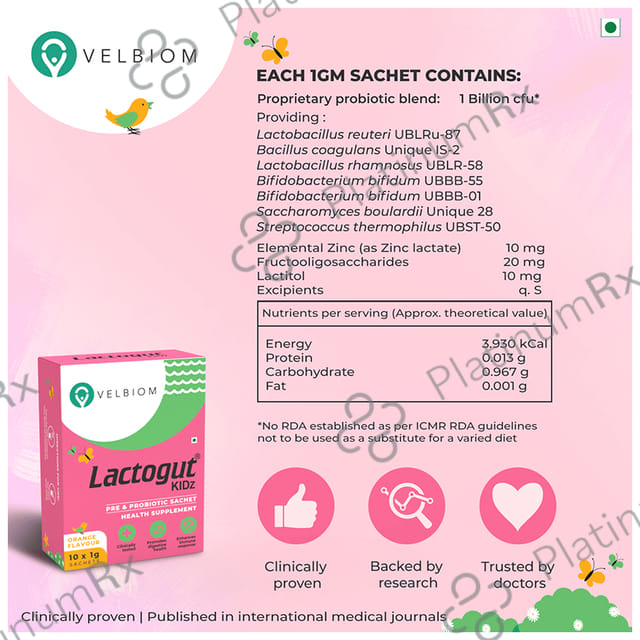 Velbiom Lactogut Kidz Pre & Probiotic Sachet (1gm Each) Orange