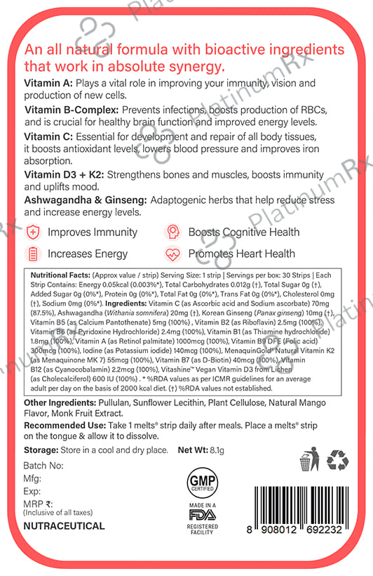 Wellbeing Nutrition Melts Into Multi Vitamins - Oral Thin Strip for Immunity - Sugar Free