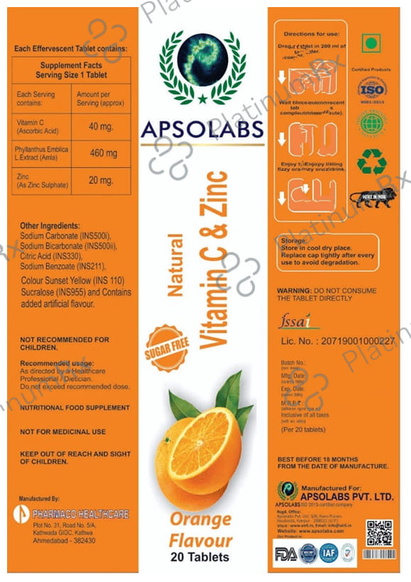 Apsolabs Natural Vitamin C & Zinc Effervescent Tablet Sugar Free Orange 20 Effervescent Tablet