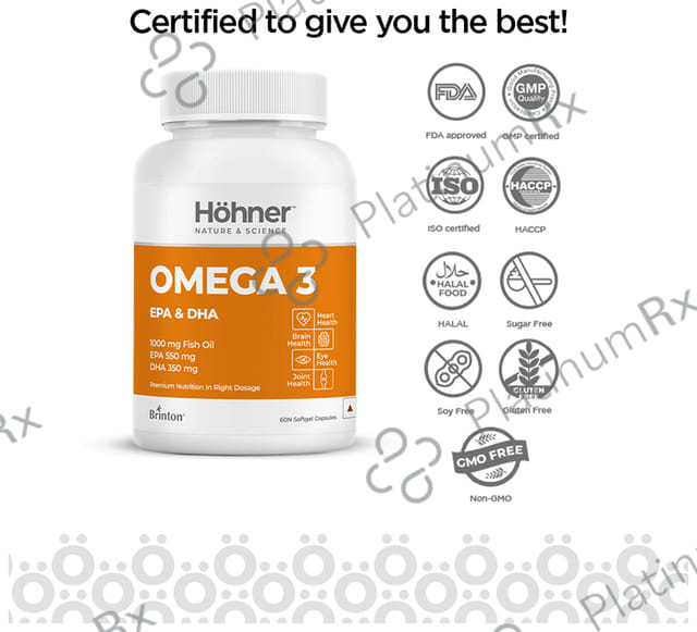 Hohner Omega 3 with EPA & DHA Fish Oil 1000 mg - Softgel Capsule for Brain, Heart, Eye & Joint Health