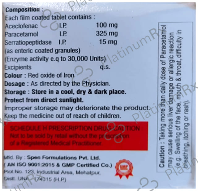 Parafenac SP 100mg/325mg/15mg Tablet