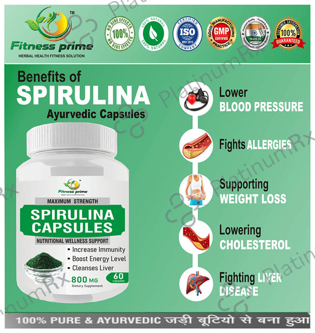 Fitness Prime Maximum Strength Spirulina Nutritional Wellness Support 800mg Capsule