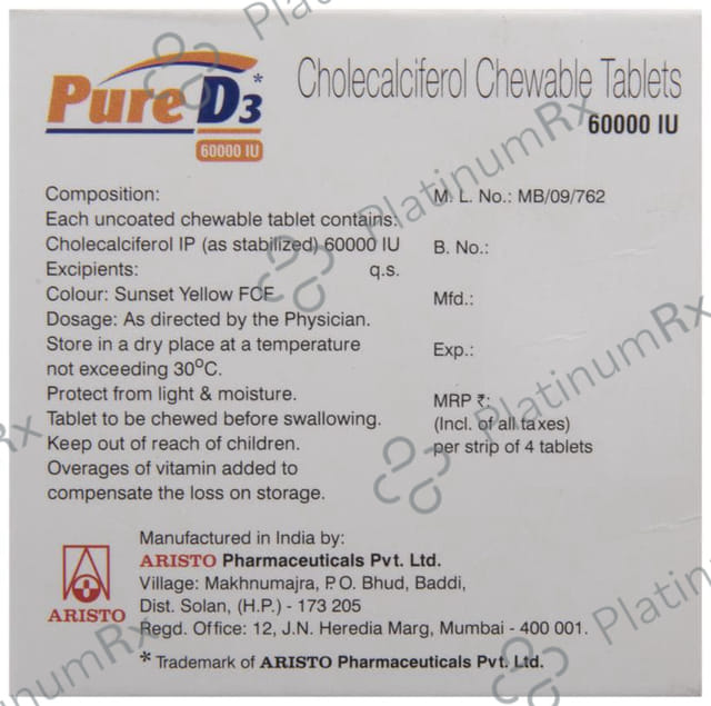 Pure D3 60000IUChewable Sugar Free Tablet 4s