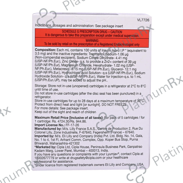 Lyumjev 100IU Cartridge Injection 3ml