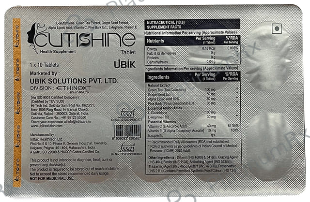 Cutishine L-Glutathione with Alpha Lipoic Acid ALA for Skin Health - Tablet 10 Tablet