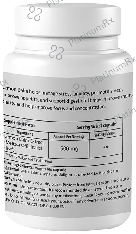 Zinnia Wellness Lemon Balm Extract Veggie Capsule 60s