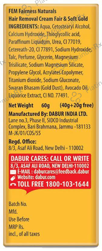 Fem Fair & Soft Hair Removal Cream Gold 60gm
