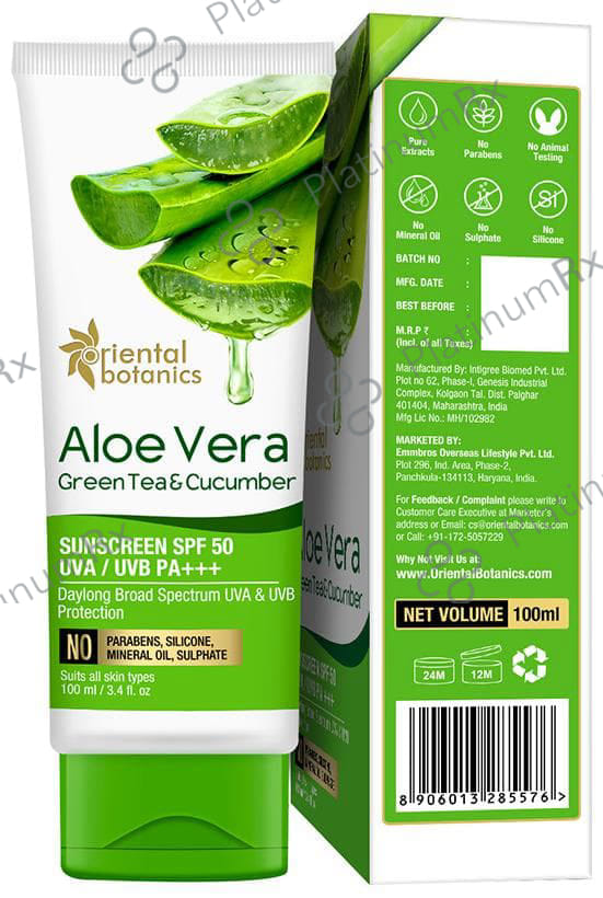 Oriental Botanics Aloe Vera Green Tea & Cucumber Sunscreen SPF 50 Cream 100ml