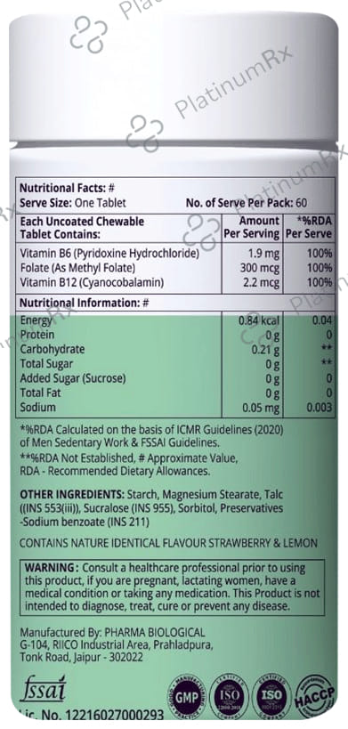 Eur Health Vitamin M B12 & Folate Chewable Strawberry & Lemon Flavour Tablet 60s